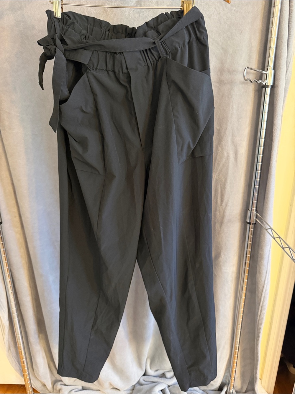 Men's Black Cargo Pants with Paperbag Waist and Tie